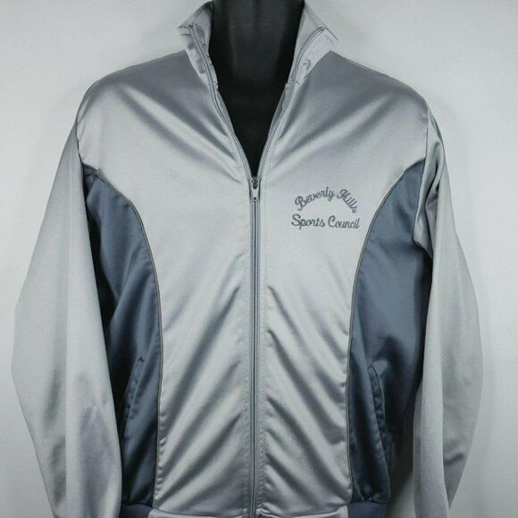 Vtg 80s LeTrell Blue Gray Nylon Track Jacket L Beverly Hills Sports Council - Picture 1 of 7